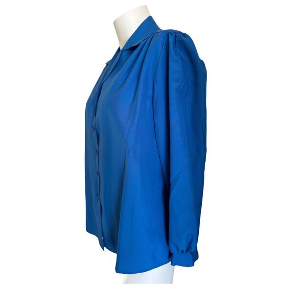 Haband for Her M roy blue satin button up 70’s vintage blouse women’s retro plea - Picture 2 of 4